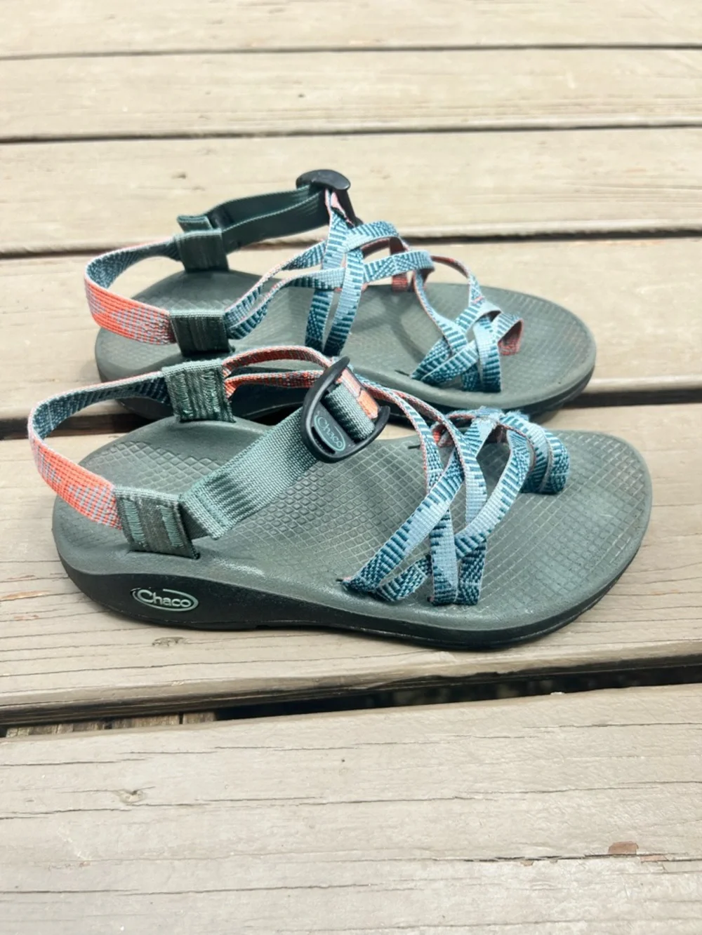 Chaco Teal and Coral Webbing Strapped Sandals | Size EU 38 / US 7